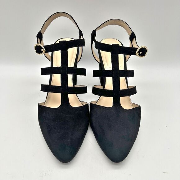 Liz Claiborne Newell Black Vegan Suede Closed Pointed Toe Strappy Heels 9.5 - Picture 2 of 12
